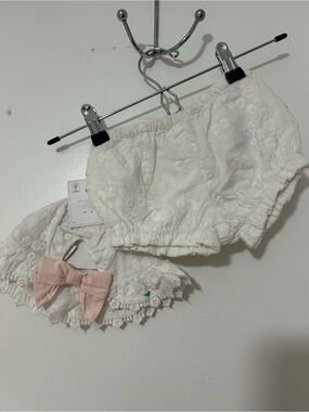 Shabby Chic White Eyelet Bloomers and Collar Set with Pink Bow